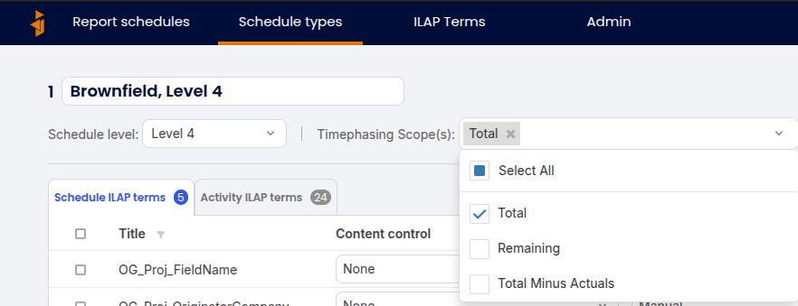 Timephasing scope setting