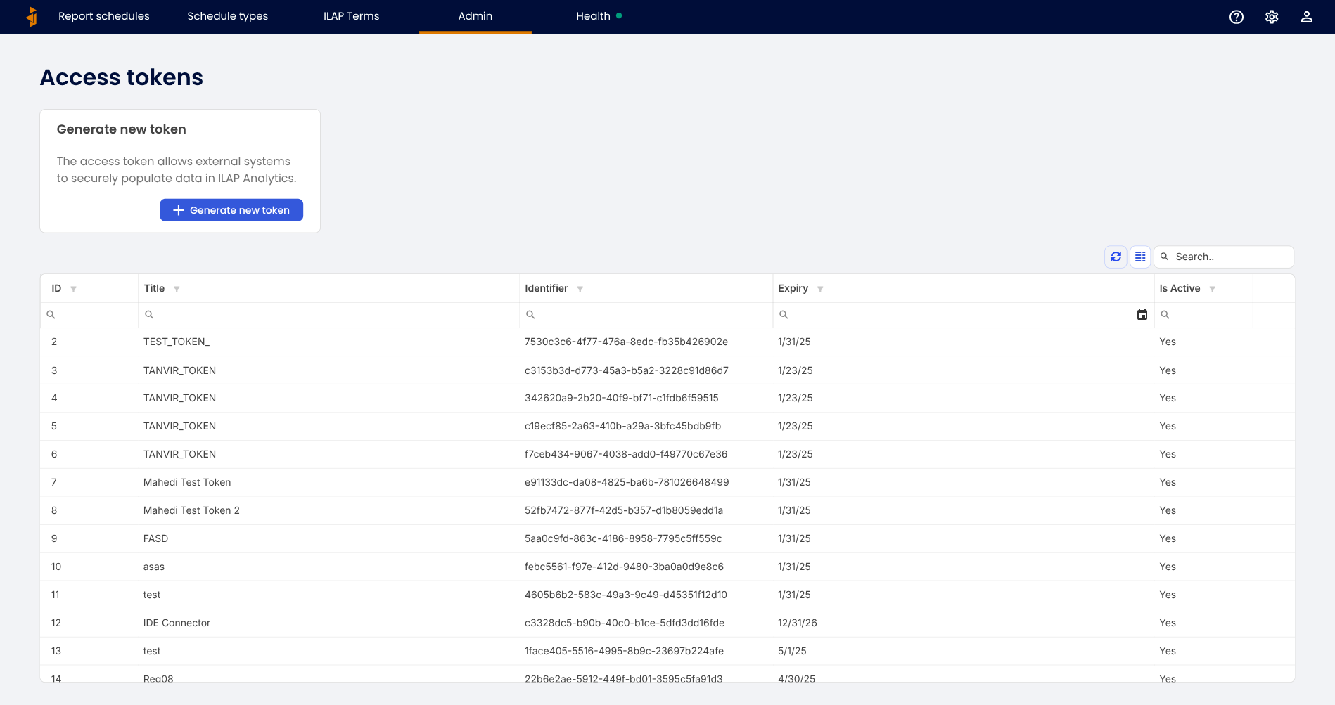 The Access tokens list
