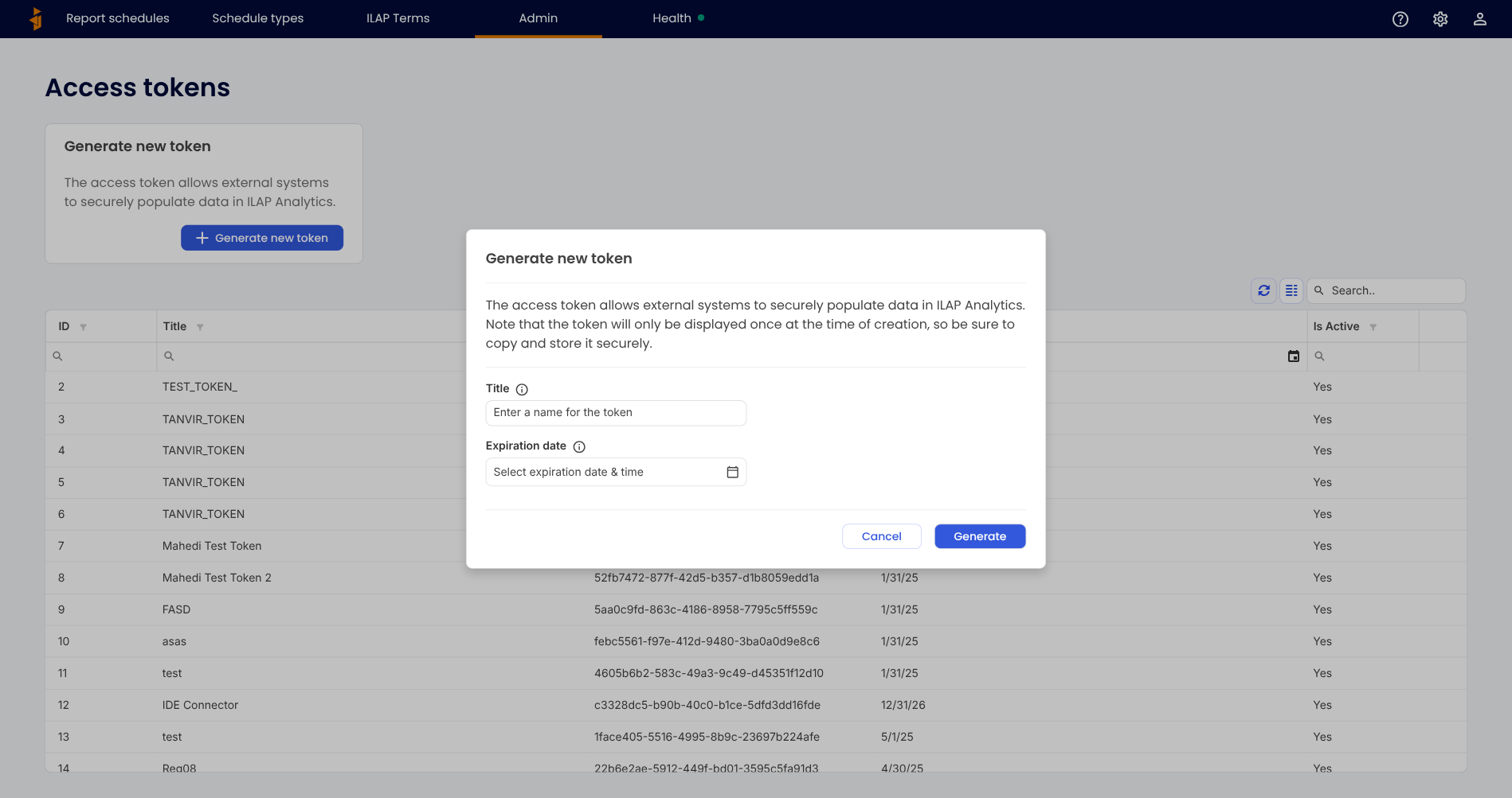 The Generate new token dialog
