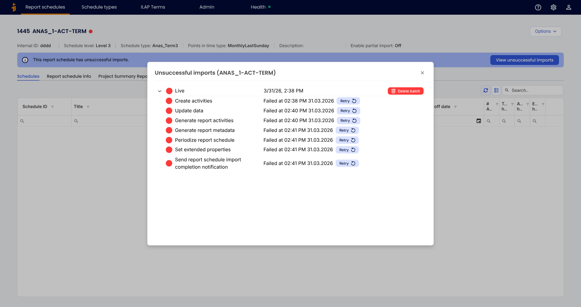 The Unsuccessful imports dialog with a Retry button on each failed job