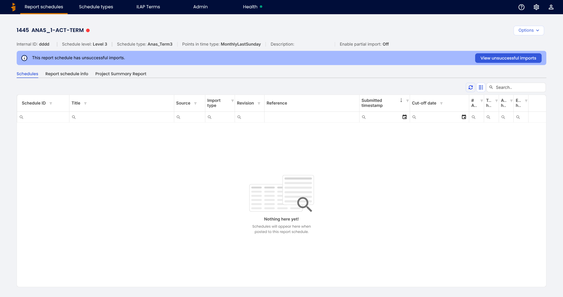A report schedule showing an unsuccessful import